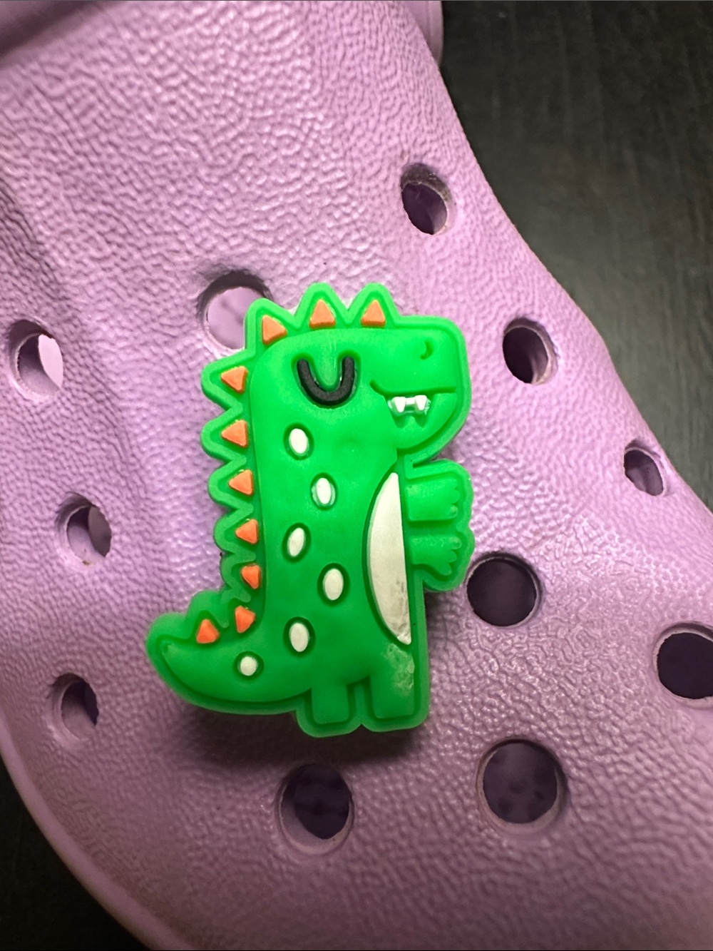 Jibbitz Green Dinosaur Shoe Charm with Orange Accents